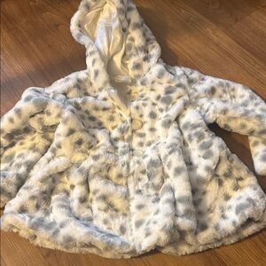 Kids Faux Fur Hooded Jacket - White and Gray